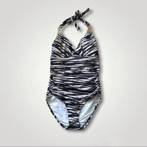 COCO reef one piece swimsuit halter tie metal swirls shirred side spacedye NWT